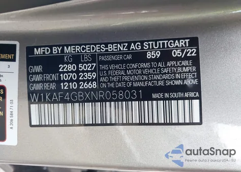 2022 Mercedes-Benz C 300 Sedan z USA, uszkodzony, nr VIN W1KAF4GBXNR058031